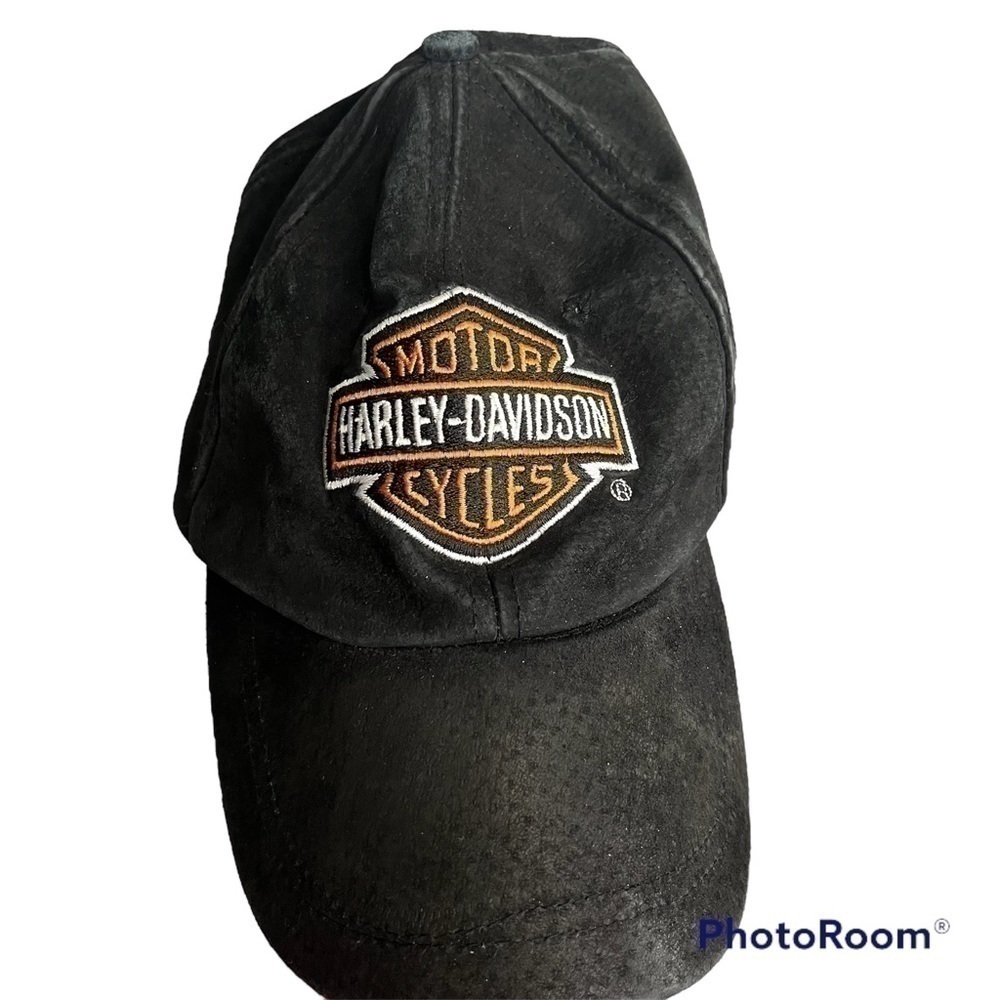 HARLEY Davidson Suede Baseball Hat Cap Embroidered Badge Logo Black Adjustable
